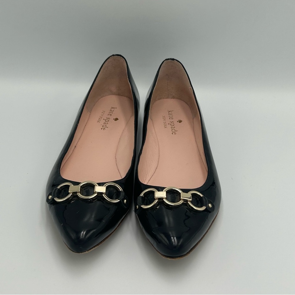 Kate Spade Black Patent Leather Ballet Shoes Sz 6.5 Gold Women’s - Picture 2 of 10